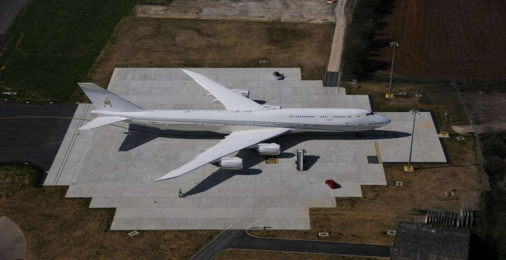 Aerial view of a Boeing 747 on a new concrete divert stand at Stansted Airport