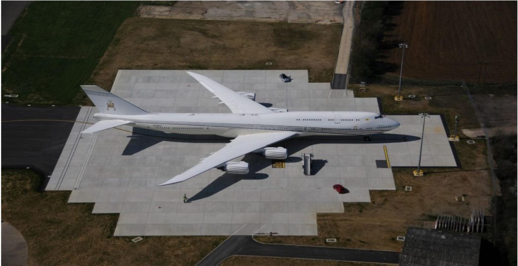 Aerial view of an aircraft on the completed divert stand at Stansted Airport
