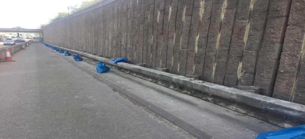 Repaired concrete retaining wall along the A40 at Northolt