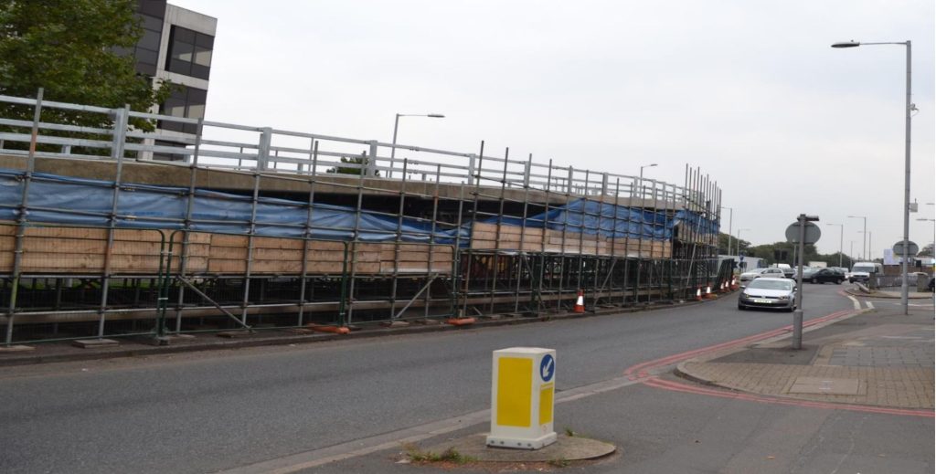 Scaffolded Hogarth Flyover during refurbishment works