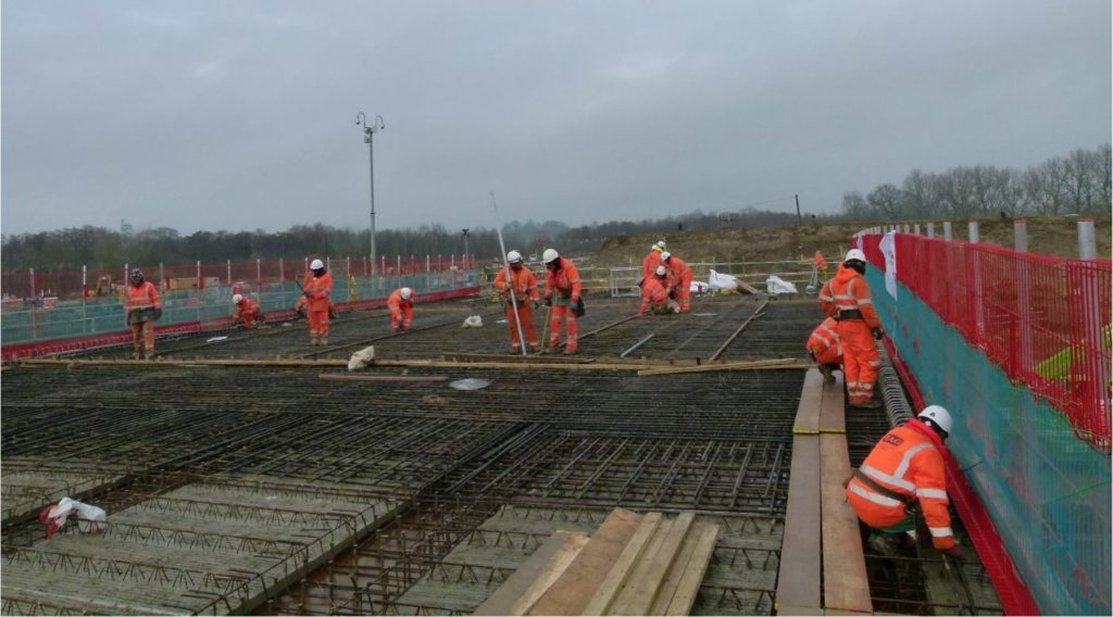 Crew fixing reinforcement on a bridge deck at M20 Junction 10a
