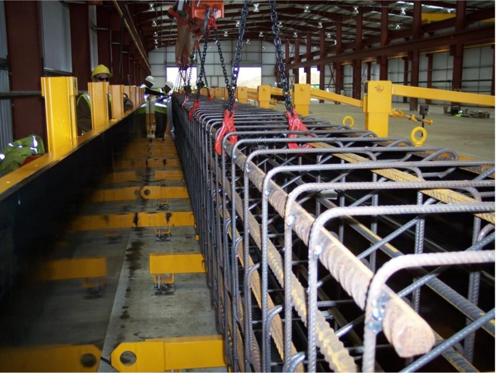 Steel reinforcement cages in moulds for Cambridge Guided Busway beams