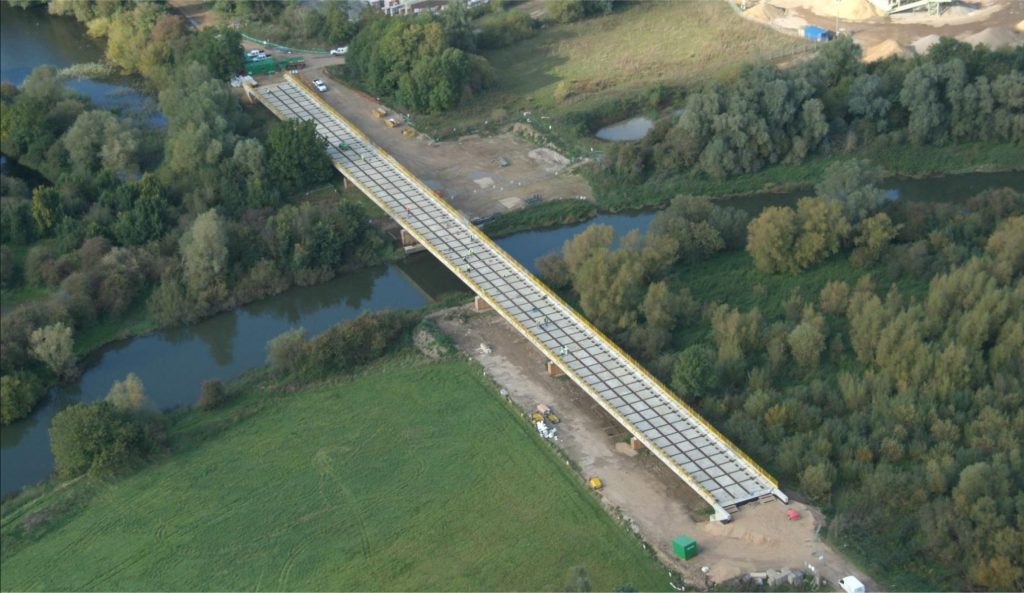 Aerial view of the Cambridge Guided Busway viaduct over the river
