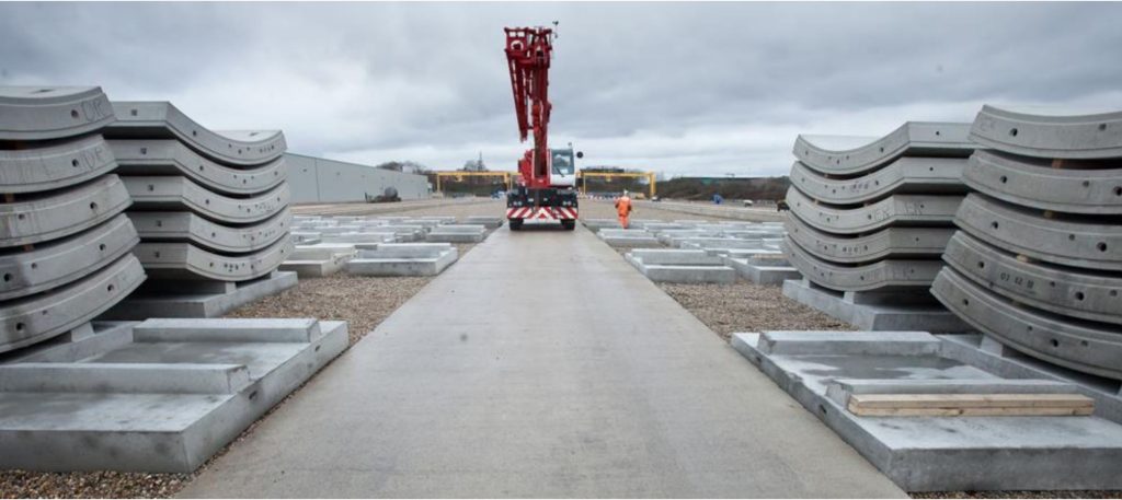 Stacks of finished Crossrail tunnel lining segments in the storage yard