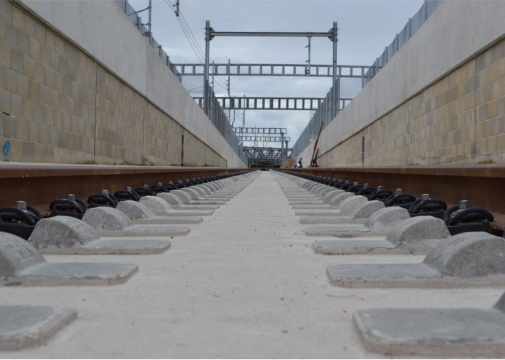 Completed slab track and sleepers in the Acton dive-under