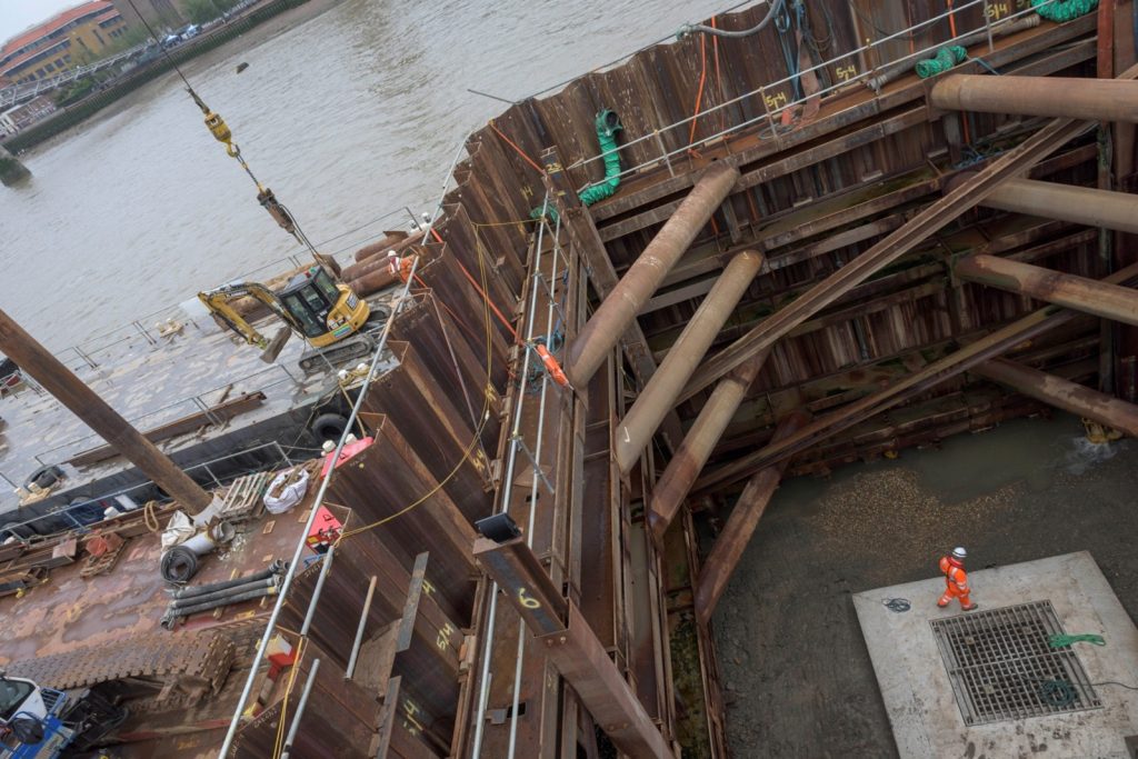 Inside the steel-sheet cofferdam at Baynards House