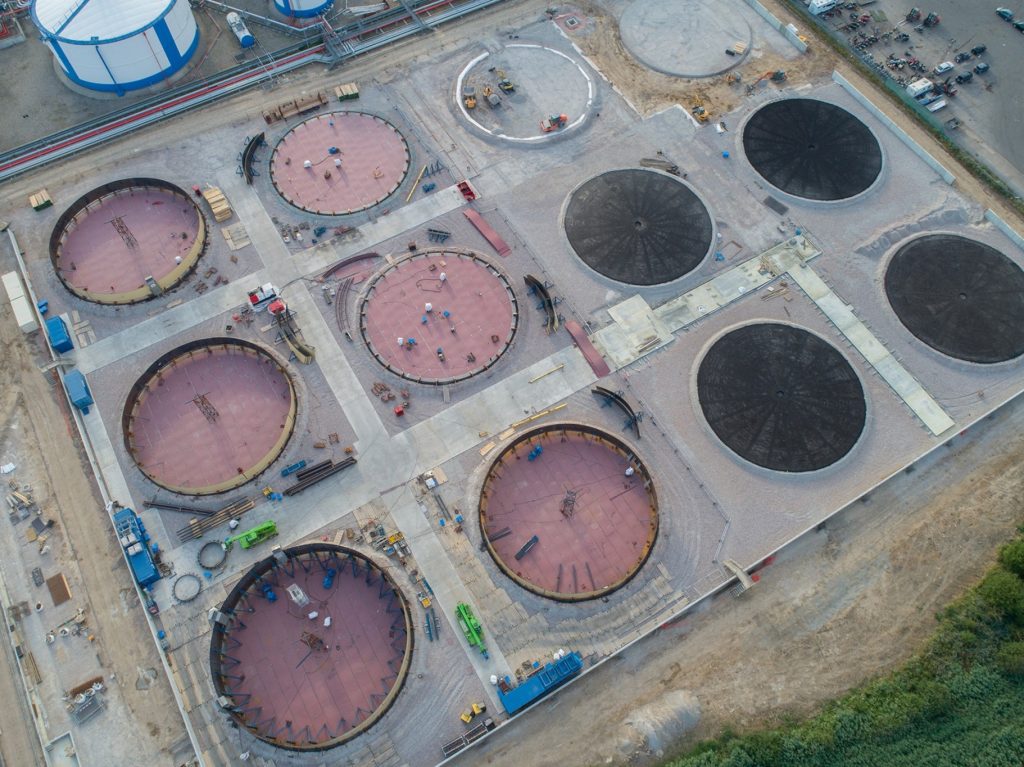 Aerial view of storage tank bases at the Oikos facility, Canvey Island