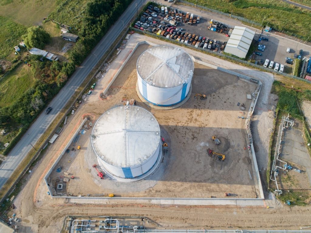 Aerial view of the Oikos tanks and new reinforced pavement, Canvey Island