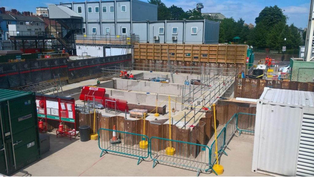Thames Tideway West Hammersmith site with formwork and cabins
