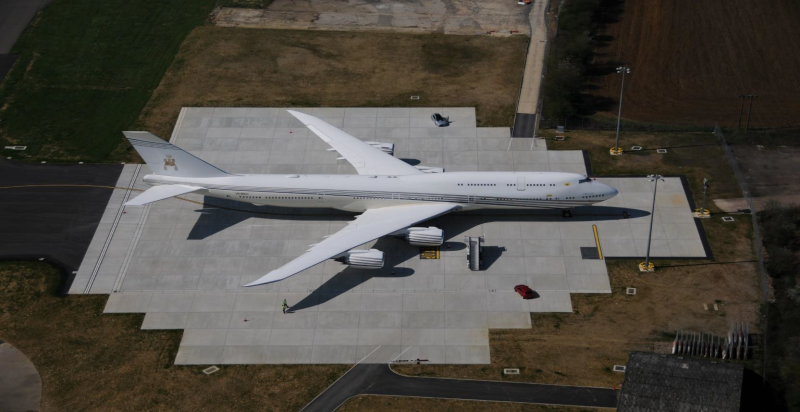 Aerial view of a Boeing 747 on a new concrete divert stand at Stansted Airport