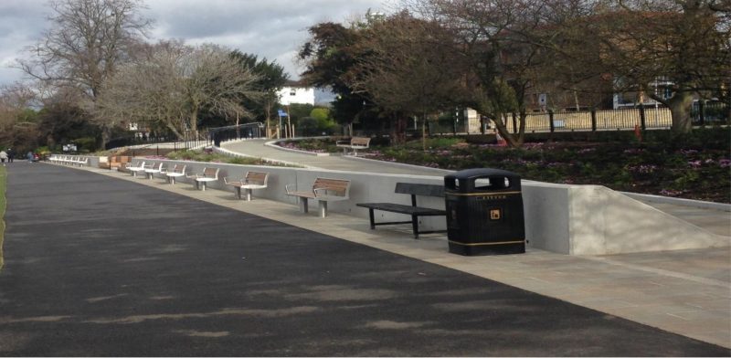 New riverside walkway with benches at the Kingston Riverside leisure development