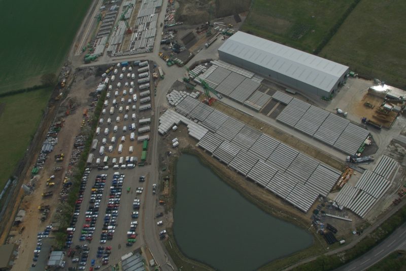 Aerial view of the precast casting yard for the Cambridge Guided Busway